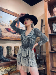 Lara Long sleeve beaded v neck fringe cocktail dress 29377