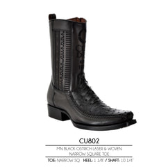 Men's Cuadra Ostrich Laser Narrow Square Toe Ankle Boots CU802 Black