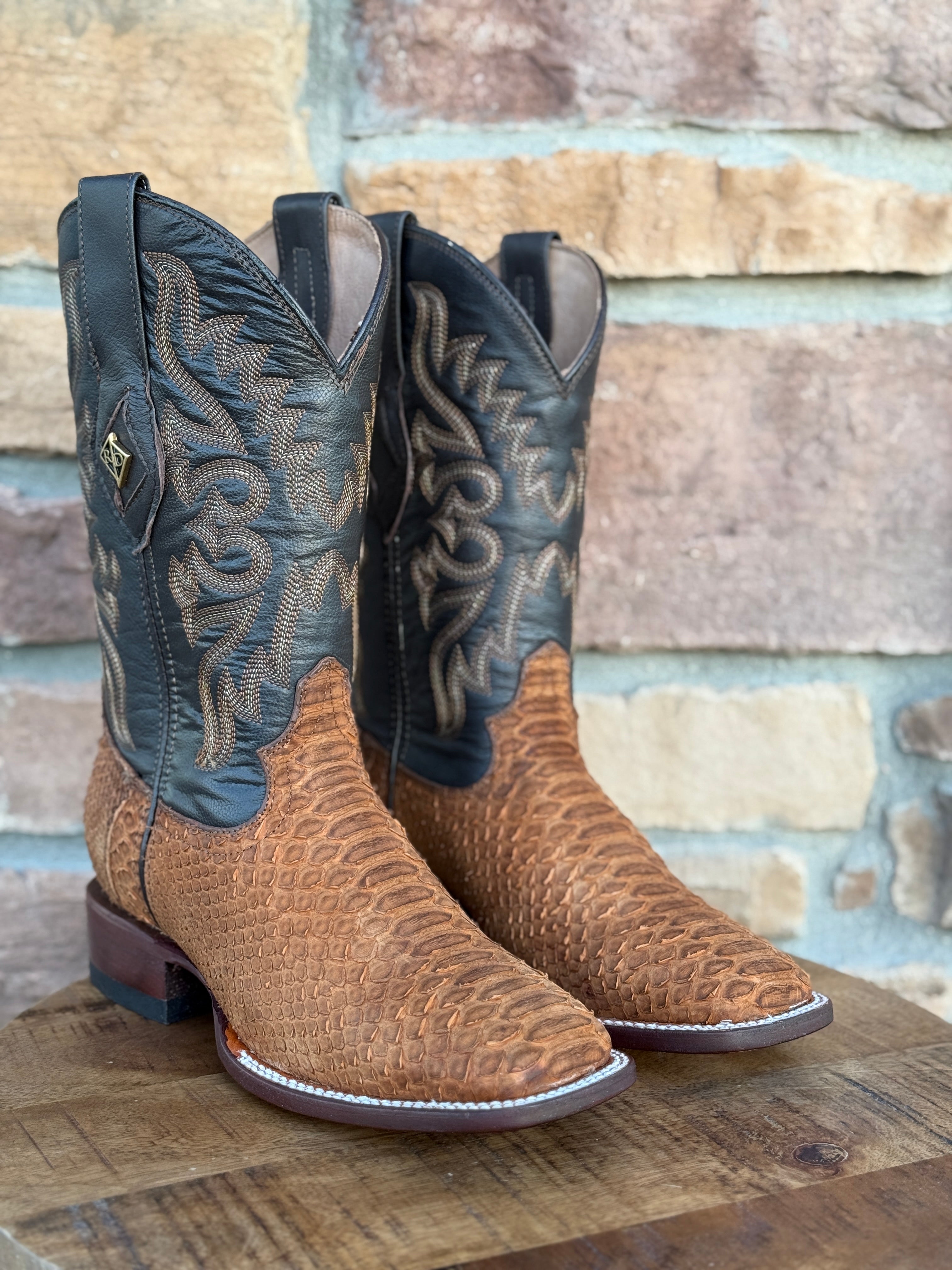 Red Diamond Tan Python Wide Square Toe Boots