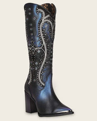 Cuadra Black Blued Studs & Embroidery Tall Boots CU727
