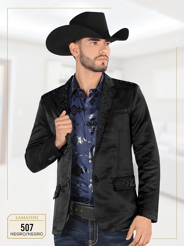 Men's Lamasini Black With Embroidery Western Blazer