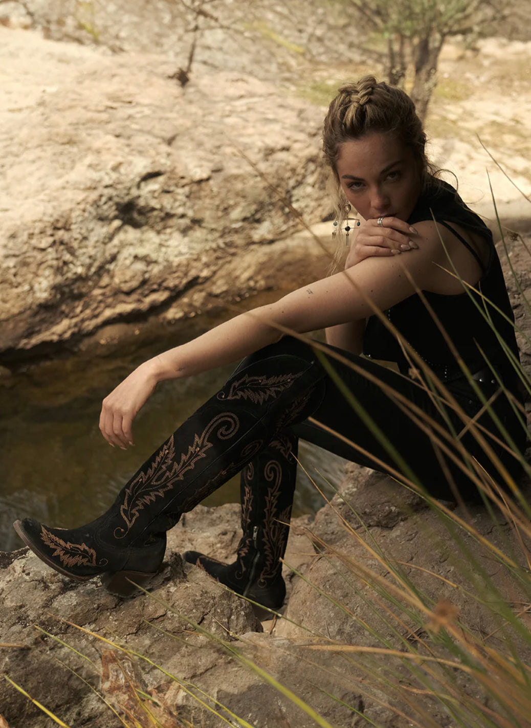 Corral Black Suede Embroidery Tall Boots A4404