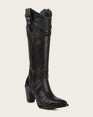 Cuadra Black Python Embroidery Studs & Zipper Boots CU867