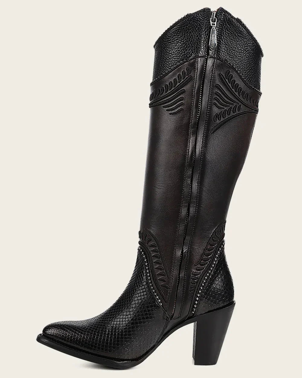 Cuadra Black Python Embroidery Studs & Zipper Boots CU867