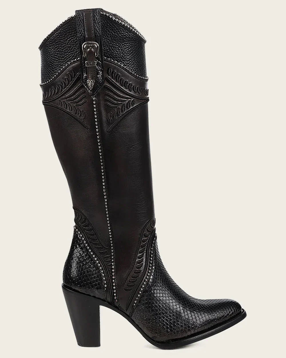 Cuadra Black Python Embroidery Studs & Zipper Boots CU867