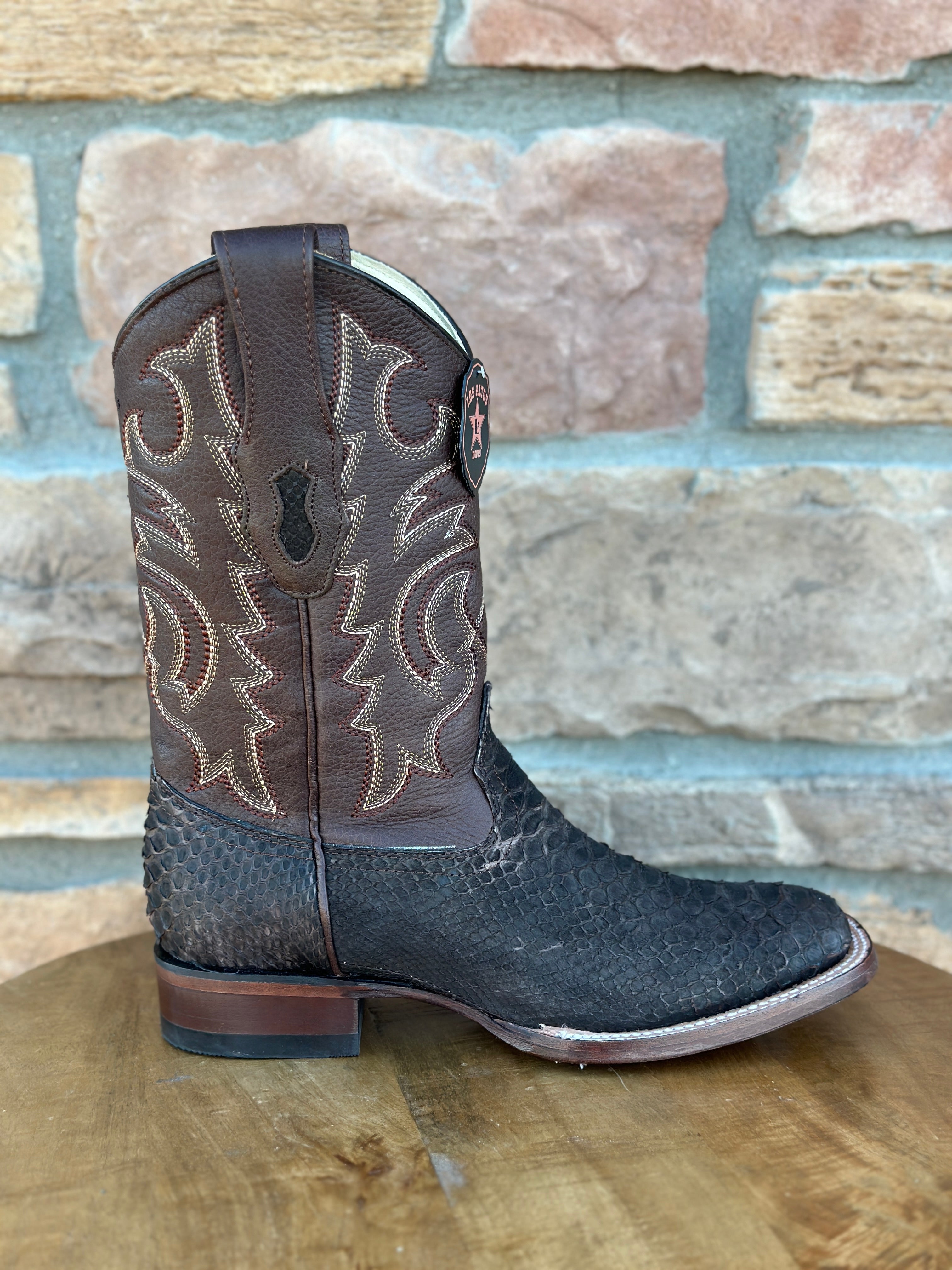 Los Altos Python Suede Brown Wide Square Toe Boots