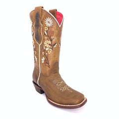 Women's Quincy Volcano White Sunflower Detail Boots Square Toe