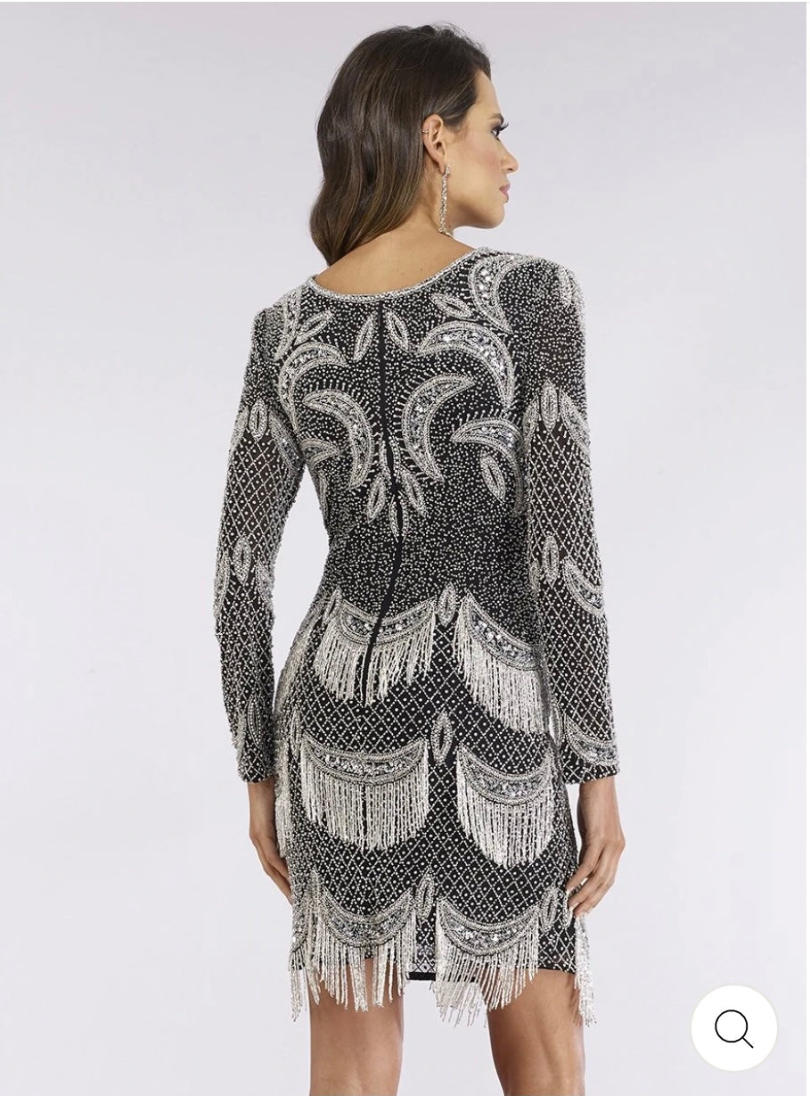 Lara Long sleeve beaded v neck fringe cocktail dress 29377