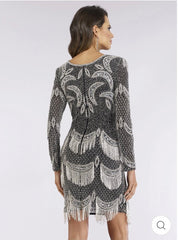 Lara Long sleeve beaded v neck fringe cocktail dress 29377