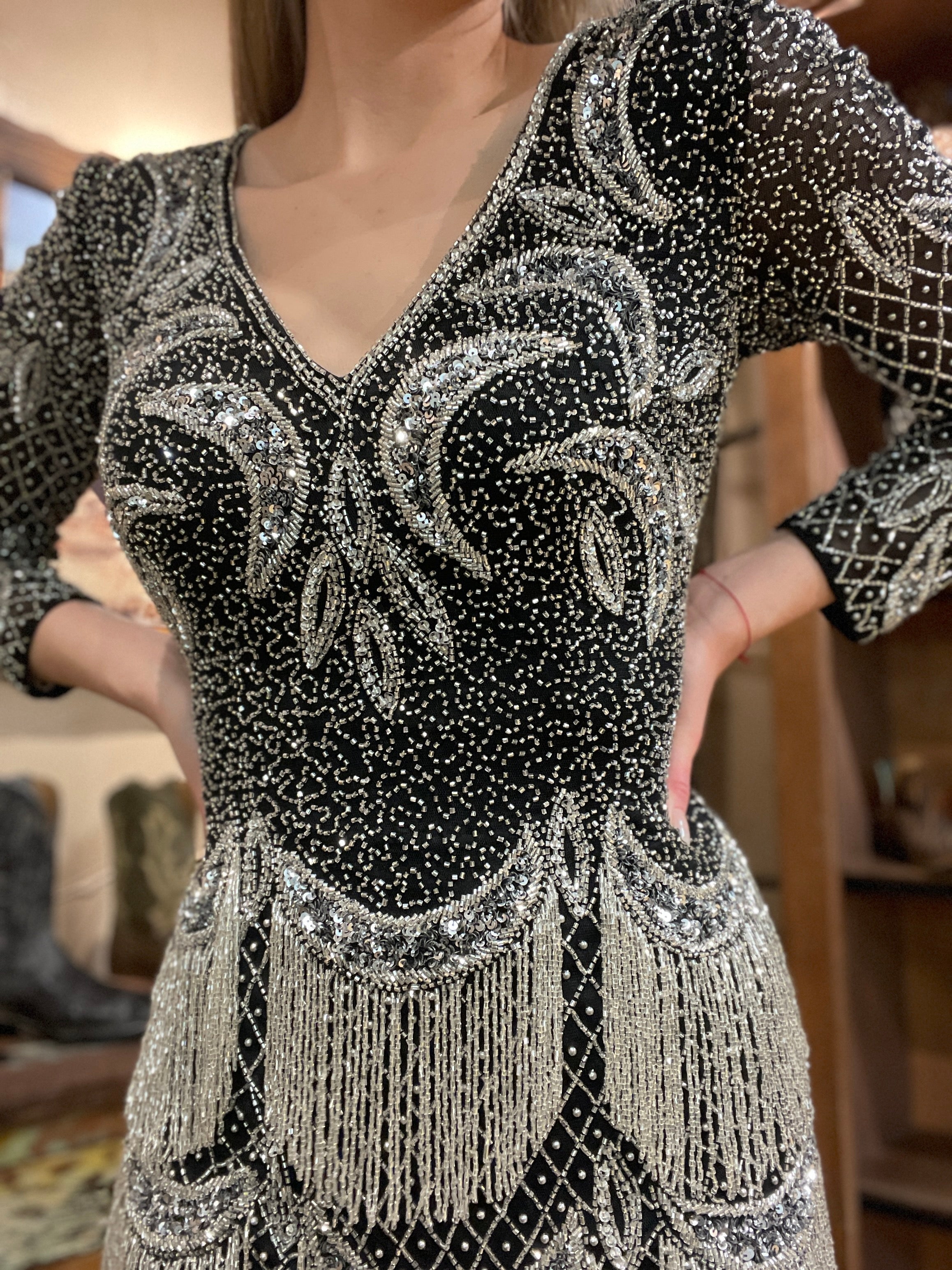 Lara Long sleeve beaded v neck fringe cocktail dress 29377